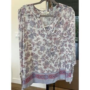 Adrienne Vittadini Paisley Floral Blouse V Neck 3/4 Tie Sleeve‎ Size M